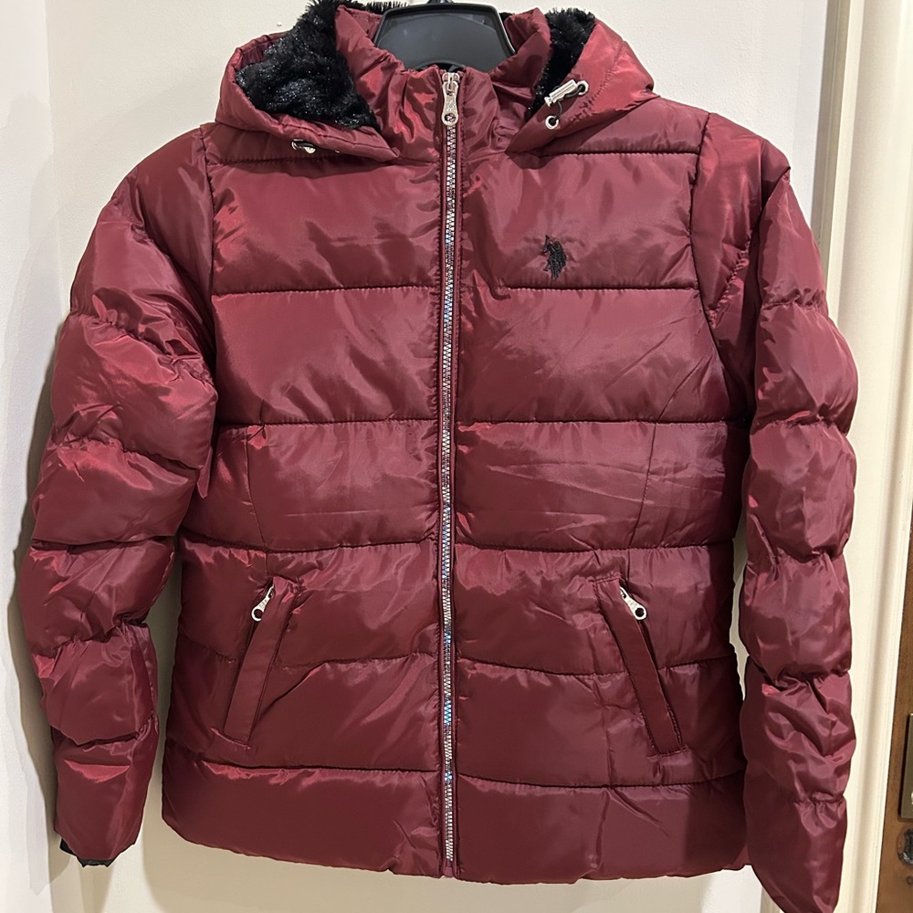 U.S. Polo Assn. Maroon Puffer Jacket with Hood and Black Faux Fur Inside Lining